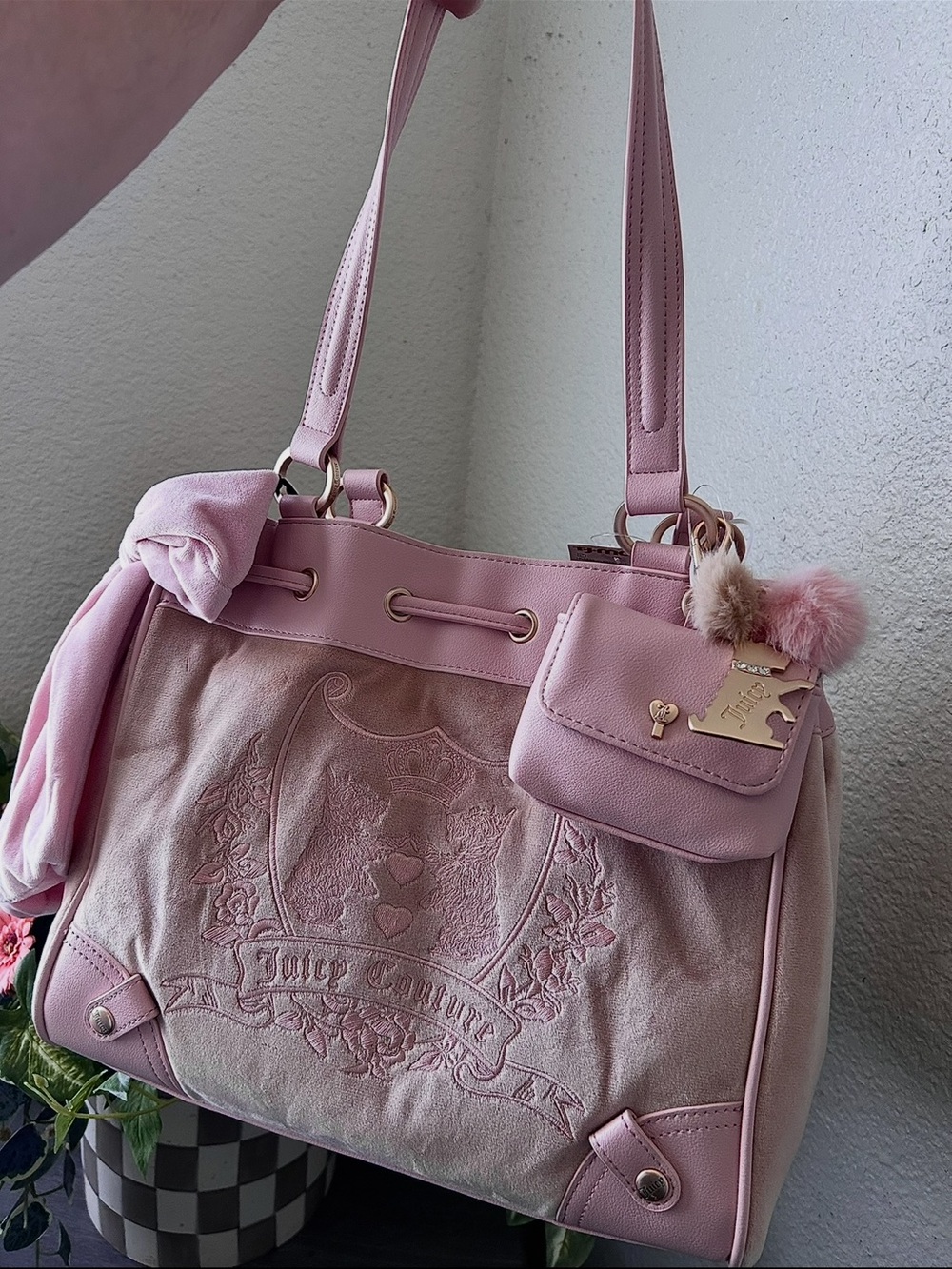 Juicy Couture Blush Pink Embroidered Tote with Charm Pouch